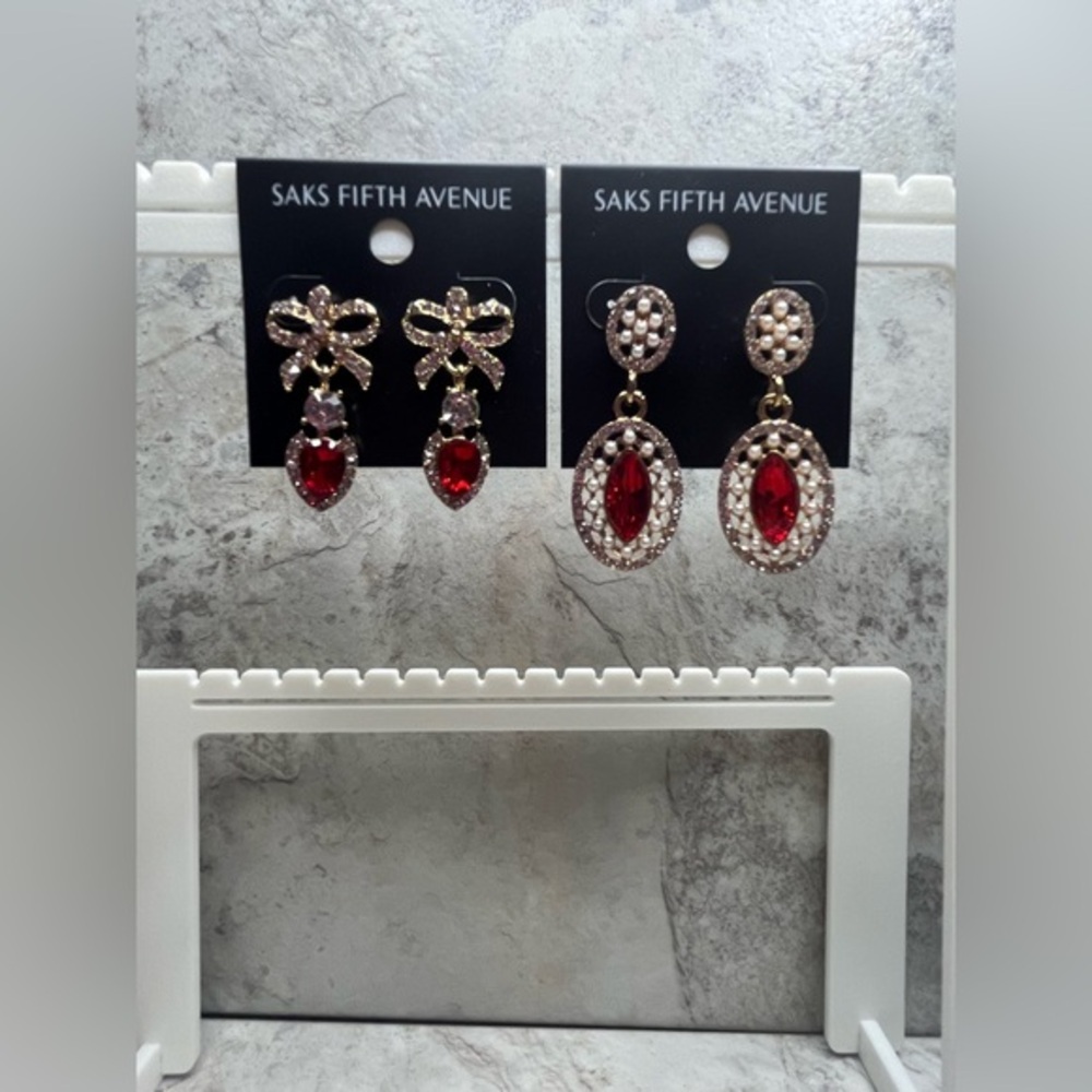 Saks Fifth Avenue Red and Gold Earrings Set Bundle of Two